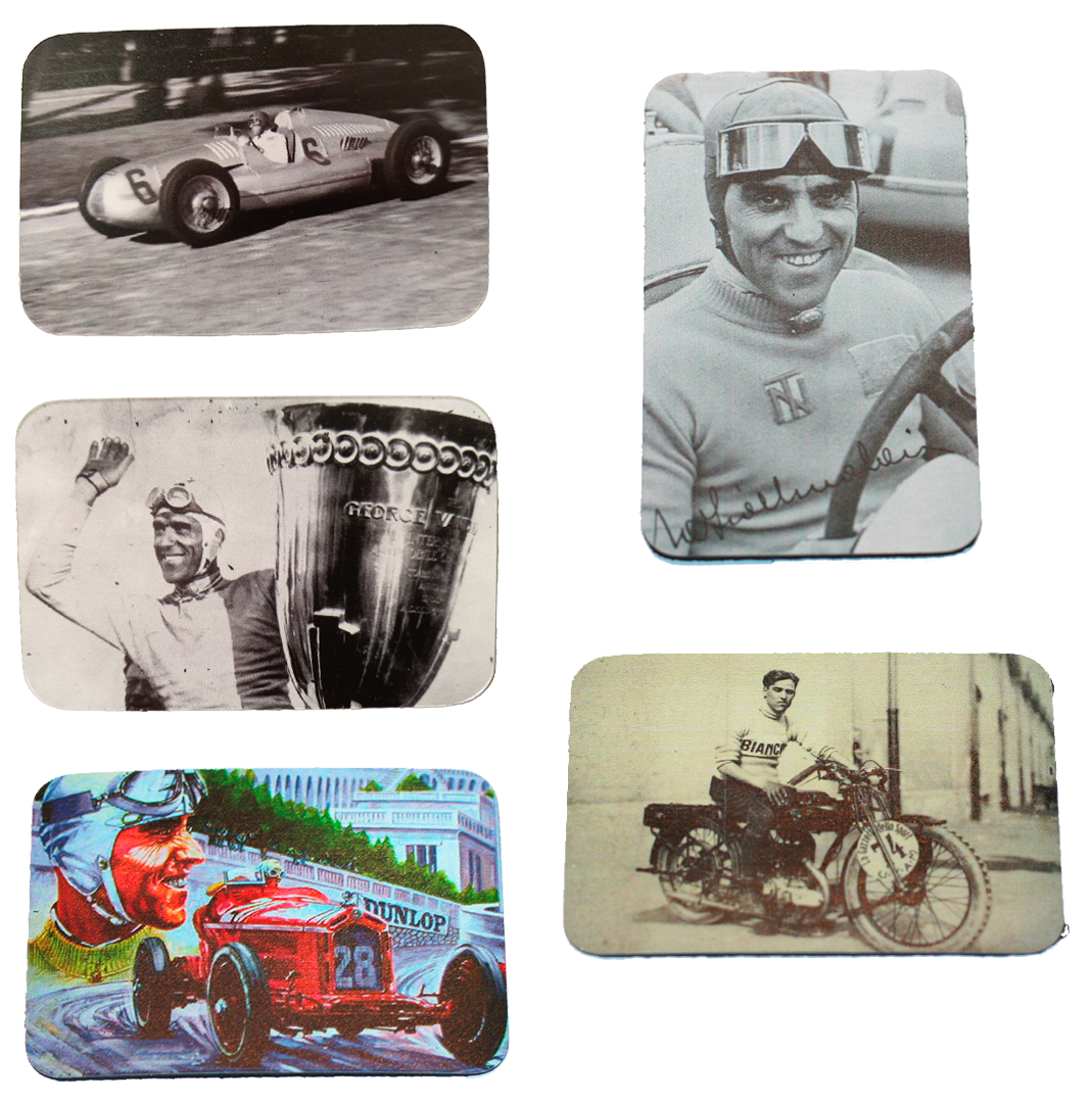 Set Museum magnets: Tazio in motorcycle, in car a color and black and white. 5 pieces, 1 free.